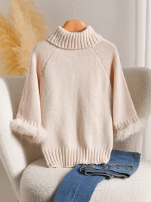 Story & Sage Women's High Neck Raglan Sleeve Patchwork Fluffy Cable Knit Sweater Everyday Family Orange Pink Autumn Casual Daily Going Out Top Women Fall/Winter - White - View 2