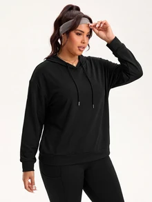 Easithlete Plus Size Women's Back Letter Print Cutout Long Sleeve Hooded Sweatshirt - Black - View 3