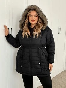 SHEIN CURVE+ Plus Size Thickened Hooded Longline Thermal Lined Long Sleeve Winter Jacket, Solid Black - Black - View 8