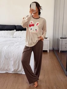 DAZY Cute Rabbit Pattern Loose Long Sleeve T-Shirt & Straight Leg Long Pajama Pants 2pcs Set Women's Loungewear - Brown - View 3