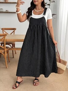 Enliva Plus Size Autumn Striped Loose Fit Pinafore Dress For Office Casual Formal Apple - Black - View 3