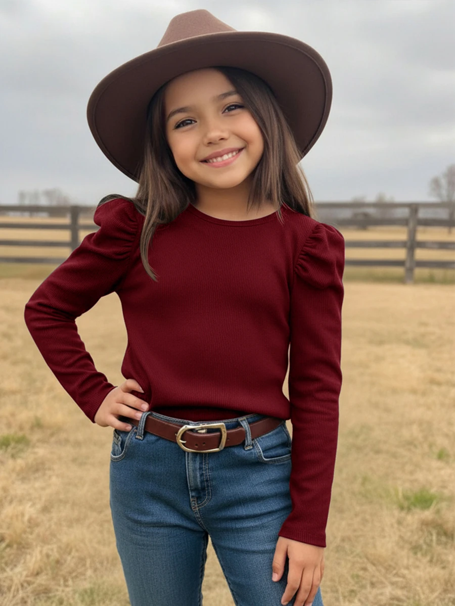 Emery Rose Kids Emery Rose Kids 兒童青少年女孩純色圓領泡泡長袖休閒T恤 - 紅色 - 查看 1