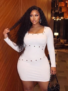 Slaydiva Sexy Street Date Party Women Slim Fit High Elastic Long Sleeve White Hidden Button Webbing Decor Plus Size Mini Dress - White - View 5
