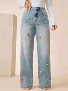 Anewsta Women's Washed Blue Embroidered Puppy Pattern Straight Leg Jeans - Blue - View 5