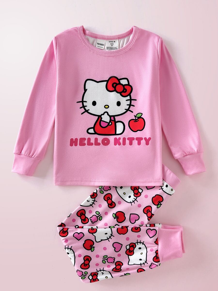 HELLO KITTY AND FRIENDS | SHEIN Set Piyama Rumahan Kasual Sehari-hari untuk Anak Perempuan, Atasan Lengan Panjang dan Celana Motif Kartun - Berwarna merah muda - View 1