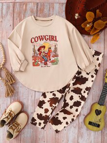 SHEIN 女童字母印花圓領落肩袖T恤與長褲休閒套裝 - 咖啡棕 - 查看 7