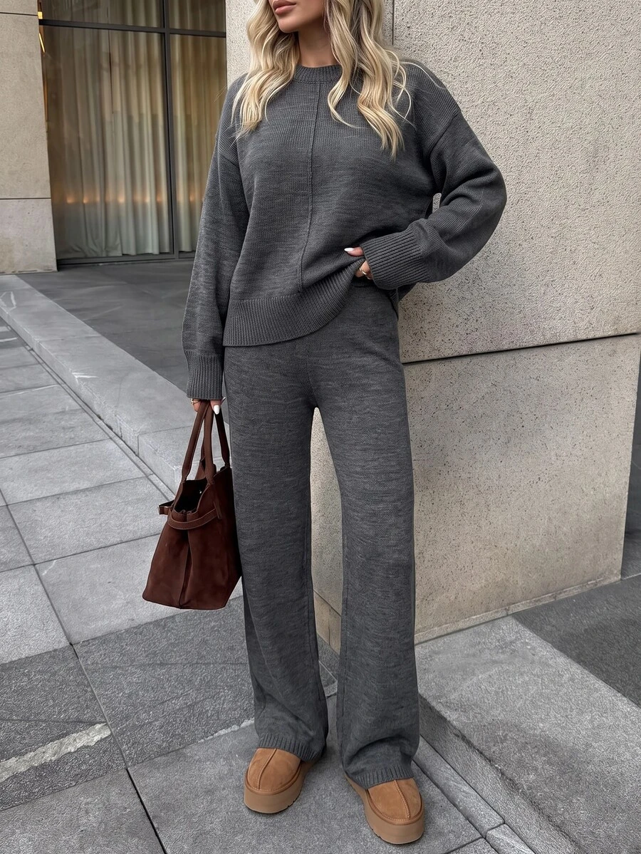 SHEIN Asymmetric Hem Rib Knit Sweater & Wide Leg Pants Two Pieces Knit Lounge Set - Grey - View 1