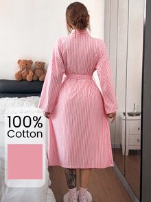 Napfluff رداء نسائي طويل من القطن 100% مخطط مع جيوب، ملابس منزلية كاجوال - بطيخ وردي اللون - مشاهدة 3