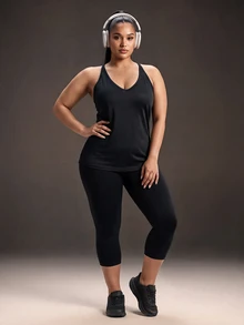 Powerista Women's Plus Size Backless Racerback Loose Black Jacquard Fabric Sports Tank Top - Black - View 6