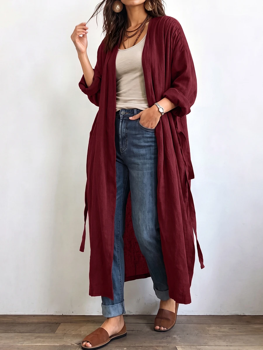 Linhara CURVE Women's Long Casual Linen Jacket, Casual Outing And Commuting Top - Burgundy - View 1