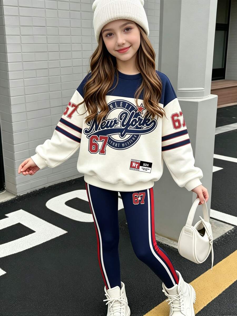 (1 Set)Tween Girls Autumn/Winter New York 67 Badge Five-Point Star Striped Navy Blue, Beige, Red Colorblock Crew Neck Sweatshirt With Leggings - Multicolor - View 1
