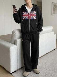 DAZY Autumn/Winter Thermal-Lined Black Flag Pattern Letter Print Men's Hoodie Sweatshirt Set With Elastic Waist Straight Leg Sweatpants - Black - View 2