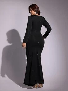 Viva Relle Plus Size Women's Black Starry Rhinestone Long Sleeve Evening Dress, Asymmetrical Ruched Draped Fitted Dress - Black - View 4