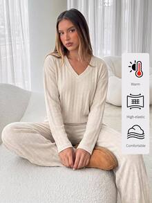 SHEIN BASICS Women's Solid Color V-Neck Long Sleeve Top And Pants Casual Daily 2 Pieces Set - Apricot - View 1