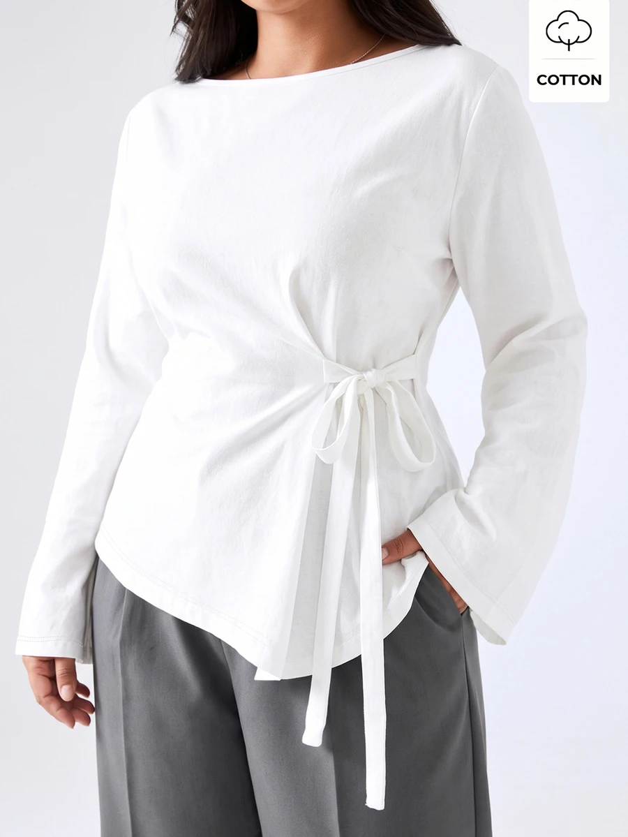 LYSMO Plus Size Solid Color Side Pocket Asymmetrical Hem Long Sleeve T-Shirt - White - View 1