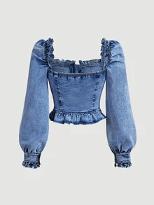 Sweetra Women's Casual Zip-Up Denim Top With Ruffle Hem,Fall/Winter,New Year Outfit,Fall/Winter - Blue - View 2