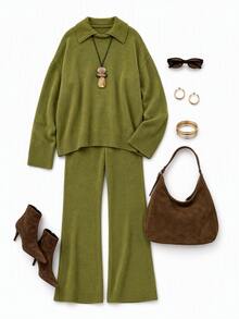 SHEIN Olive Green Heathered Knit Two Pieces Set With Collared Sweater And Wide Leg Pants - Green - View 9