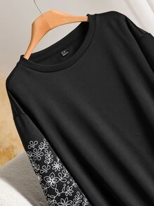 CosyJoli Casual Home & Vacation Women's Loose Embroidered Crew Neck Sweatshirt, Black, Autumn/Winter - Black - View 4