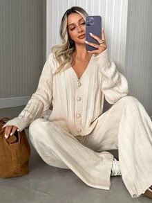 SHEIN طقم نسائي من قطعتين للاسترخاء: كنزة قصيرة محبوكة بأضلاع مع سحاب وياقة وهمية وبنطال واسع الساق - أبيض - مشاهدة 8