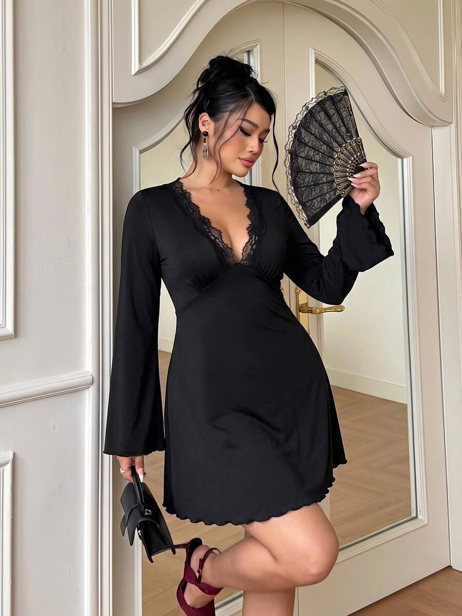 GalTyme فستان صيفي كاجوال للسفر للنساء بمقاسات كبيرة، بياقة على شكل حرف V وتصميم مرقع بالدانتيل - بني - مشاهدة 1
