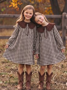 Tween Girl) Cute Autumn Long Sleeve Brown Plaid Versatile Dress - Brown - View 1