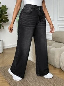 SHEIN ICON 大尺碼女款口袋寬腿鬆垮休閒百搭牛仔褲 - 黑色 - 查看 4