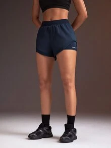 Powerista Women's Elastic Waist Double Layer Daily Fitness Sports Shorts - Navy Blue - View 5