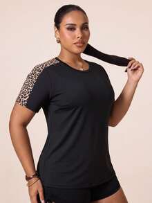 Rhythm Era Rhythm Era Plus Size Women's Leopard Print Raglan Sleeve Patchwork Short Sleeve Yoga Running Sports Top - Black - View 3