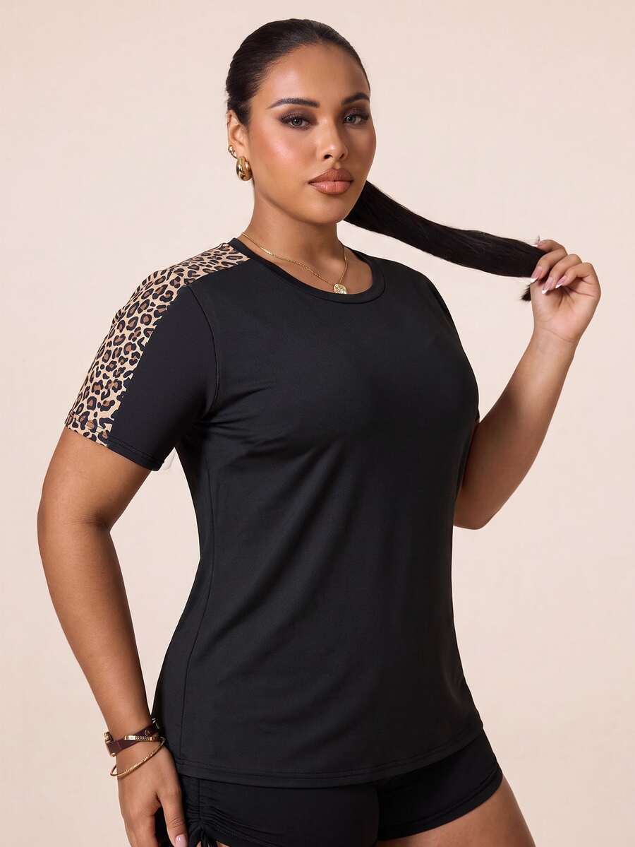 Rhythm Era Rhythm Era Plus Size Women's Leopard Print Raglan Sleeve Patchwork Short Sleeve Yoga Running Sports Top - Black - View 1
