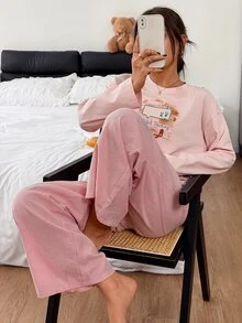DAZY Cartoon Bunny Pattern Long-Sleeved T-Shirt And Straight-Leg Plaid Pajama Pants 2-Piece Women's Pajama Set - Pink - View 7