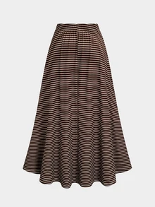 Sweetra Plus Size Casual 2 Pieces Set With Faux Layered T-Shirt And Striped Skirt - Brown - View 5
