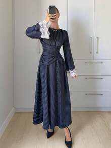 Siren Gaze Women's Striped Round Neck Lace Cuff Waist Drawstring Design Elegant Long Dress - Navy Blue - View 1