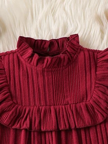 SHEIN 女童純色針織立領荷葉邊休閒洋裝 - 紅色 - 查看 4
