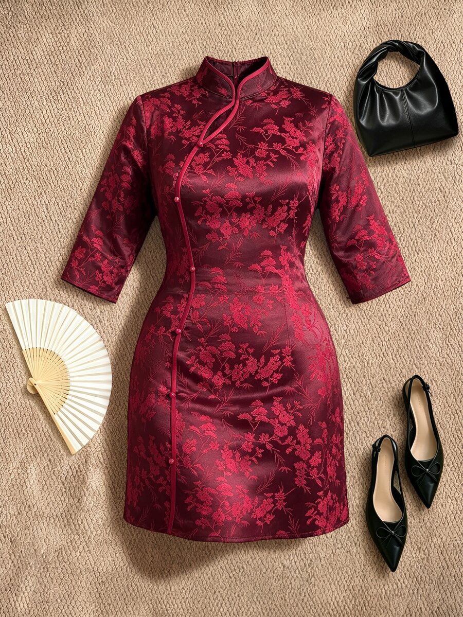 EastFlair Plus Size Elegant Solid Color Jacquard Button 3/4 Sleeve Dress - Burgundy - View 1