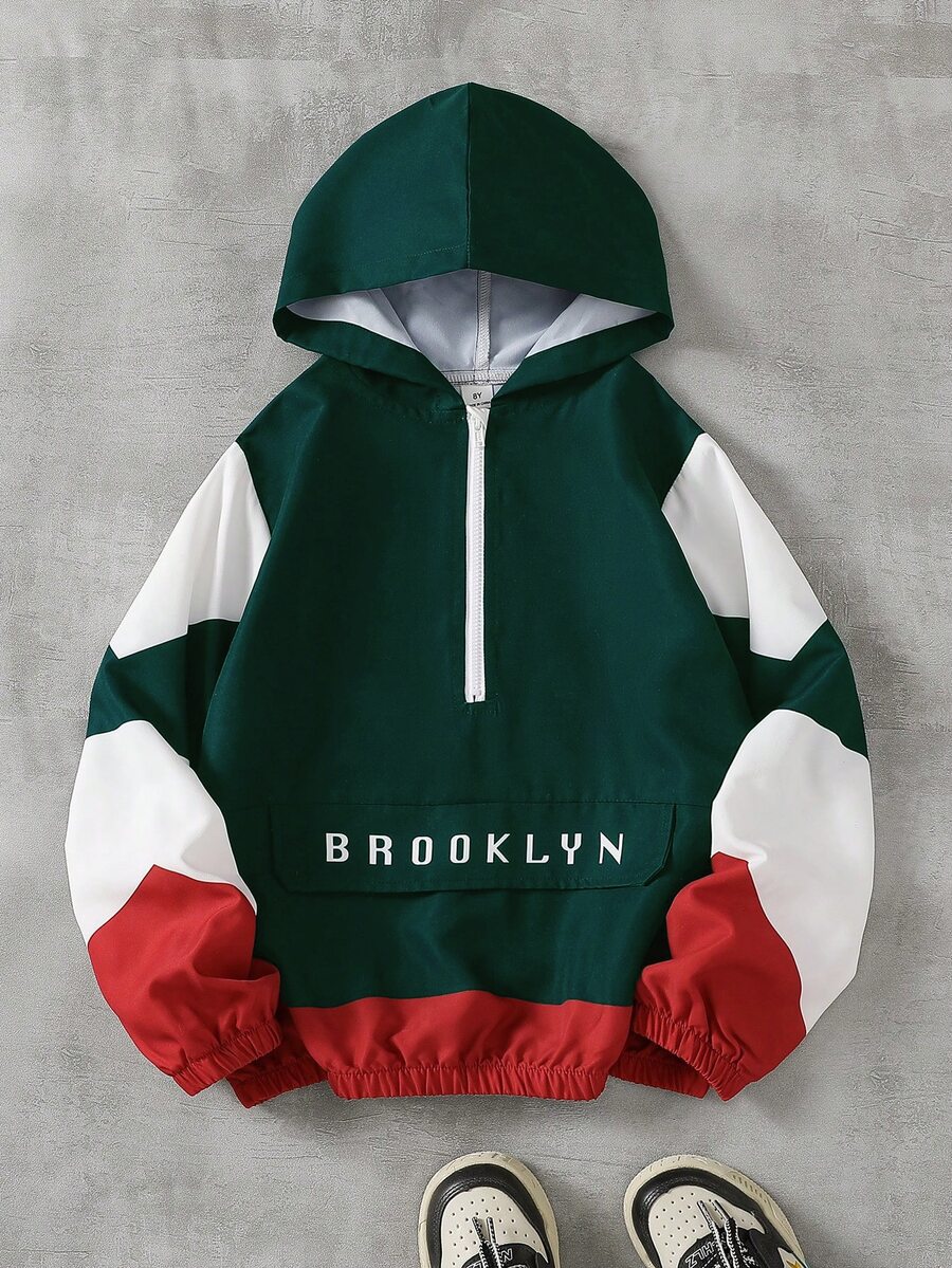 SHEIN 1件青少年男孩春秋款綠色/白色紅配色美式運動風字母印花拼接連帽拉鍊運動衫,寬鬆連帽袖版型,適合日常穿著、學校、戶外運動、短途旅行及攝影活動 - 綠色 - 查看 1