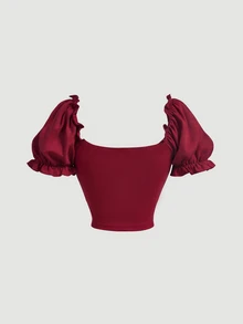 SHEIN MOD Women's Solid Color Pleated Casual Versatile Daily Travel T-Shirt - Burgundy - View 2