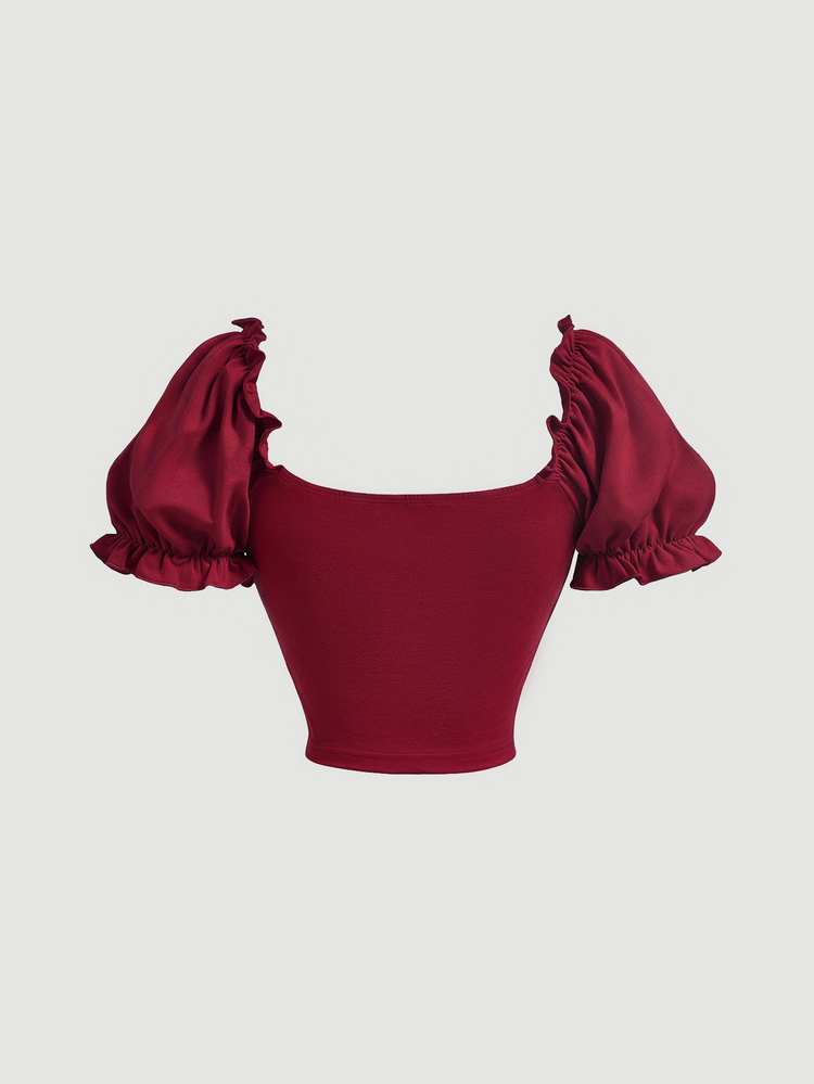 SHEIN MOD Women's Solid Color Pleated Casual Versatile Daily Travel T-Shirt - Burgundy - View 2