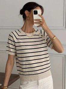 DAZY Women's Colorblock Striped Fitted Short Sleeve Round Neck Casual Vacation Spring/Autumn Knit Sweater Top - Apricot - View 4