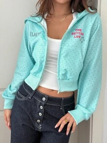 Livesso Women's Polka Dot & Letter Print Zip-Up Casual Everyday Sweatshirt - Blue - View 4
