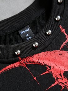 ROMWE MEN Men's Loose Long Sleeve T-Shirt With Rivet Decor And Anime Character Print - Black - View 2