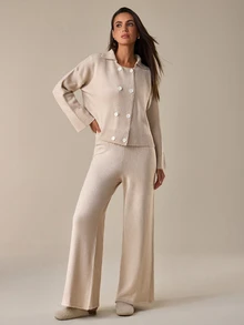 SHEIN طقم نسائي قطعتين بياقة بولو وأزرار أمامية وأكمام طويلة - كريم - مشاهدة 5