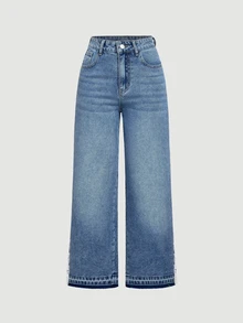 SHEIN PETITE Women's Casual Daily Denim Jeans With Pockets And Buttons - Blue - View 1