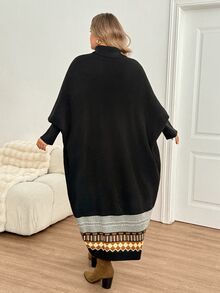 SHEIN CURVE+ فستان كنزة بياقة عالية من الجاكار بألوان متباينة مقاس كبير - متعدد الألوان - مشاهدة 2