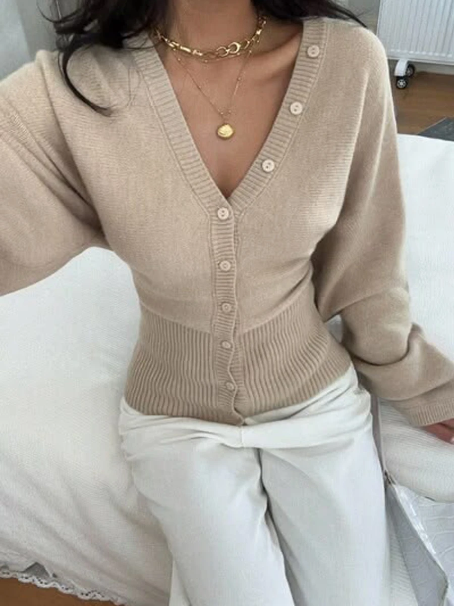 DAZY Cardigan Rajut Wanita Warna Beige, Kerah V, Kancing Tunggal, Pinggang Pas, Hem Bergaris, Lengan Panjang, Serbaguna - Khaki - View 1