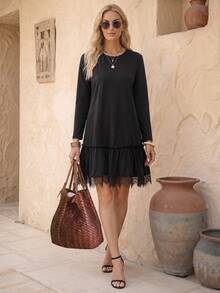 EMERY ROSE Women's Solid Color Round Neck Long Sleeve Contrast Lace Ruffle Hem Casual Short Dress - Black - View 10