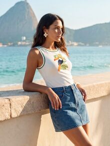 CAJUNI Tropical Print Tank Top With Macaw And Toucan - White - View 5
