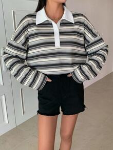 DAZY 女款條紋寬鬆 Polo 領落肩長袖休閒 T 恤 - 灰色 - 查看 5