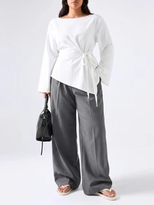 LYSMO Plus Size Solid Color Side Pocket Asymmetrical Hem Long Sleeve T-Shirt - White - View 3