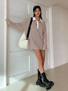 DAZY 女款條紋寬鬆 Polo 領落肩長袖休閒 T 恤 - 灰色 - 查看 6