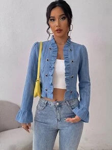 SHEIN Elenzya 女款雙排扣荷葉邊開襟休閒法式優雅夾克，矢車菊藍，秋季日用下午茶穿搭 - 藍色 - 查看 5